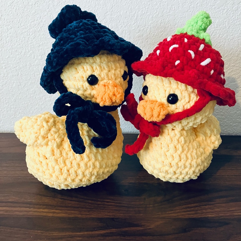 Crocheted Duck Plushie with Fruity Hat, Strawberry or Blueberry, Stuffed Toy